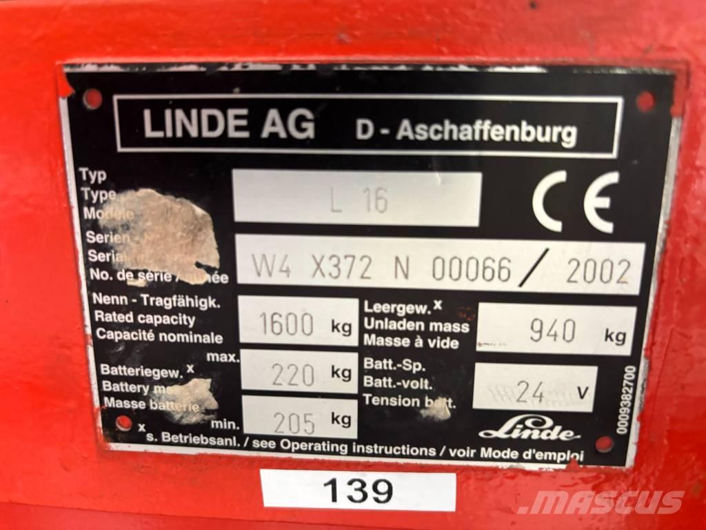 Linde L16 Ručni električni viličar