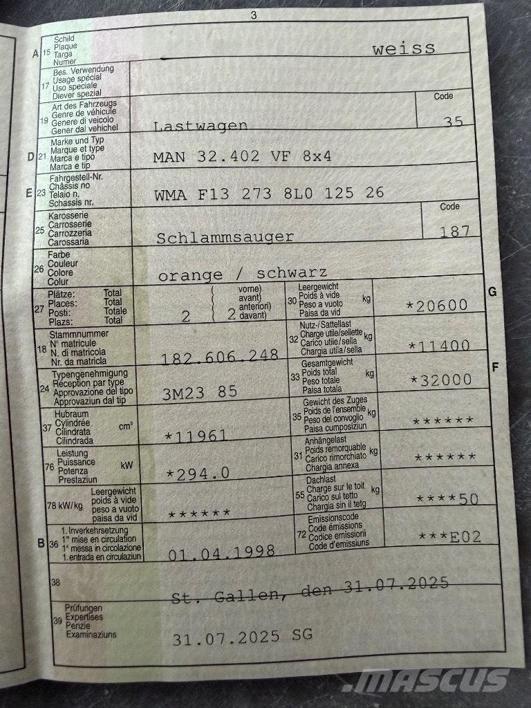 MAN 32.402 VF 8x4 Kombiji / vakuumski kamioni