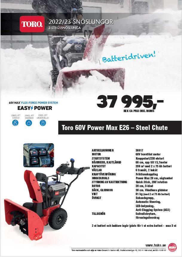 Toro Power Max E26 Batteridriven 2-stegs snöslunga Sniježne freze